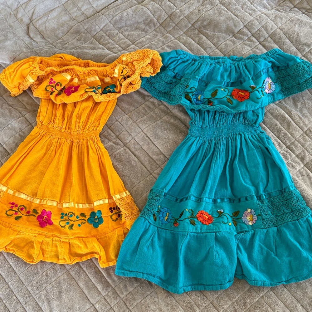 Set of 2 baby girl traditional Mexican embroidered off-the-shoulder dresses